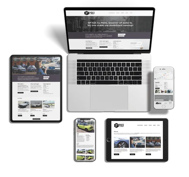 Garagewebsite van Garage POEF op laptop, tablet en smartphone